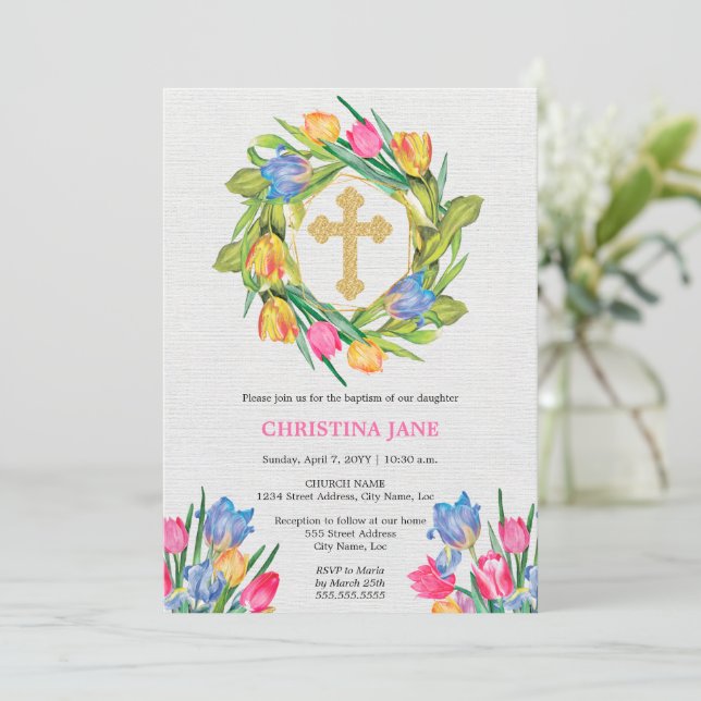Invitación Hermosa floral de bautismo (Anverso de pie)