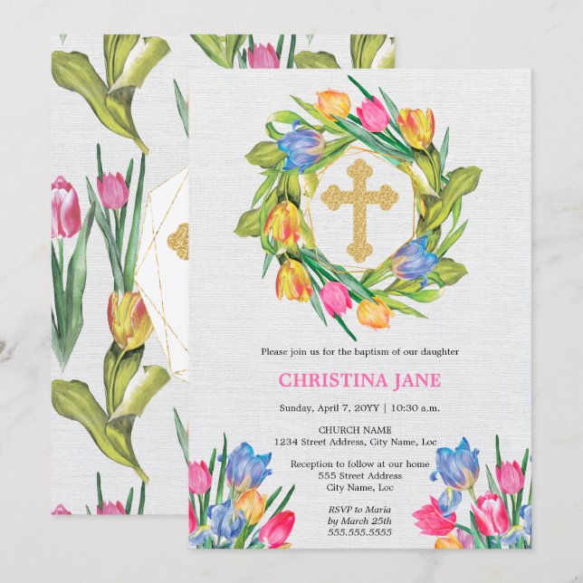 Invitación Hermosa Floral de Bautizo (Anverso / Reverso)