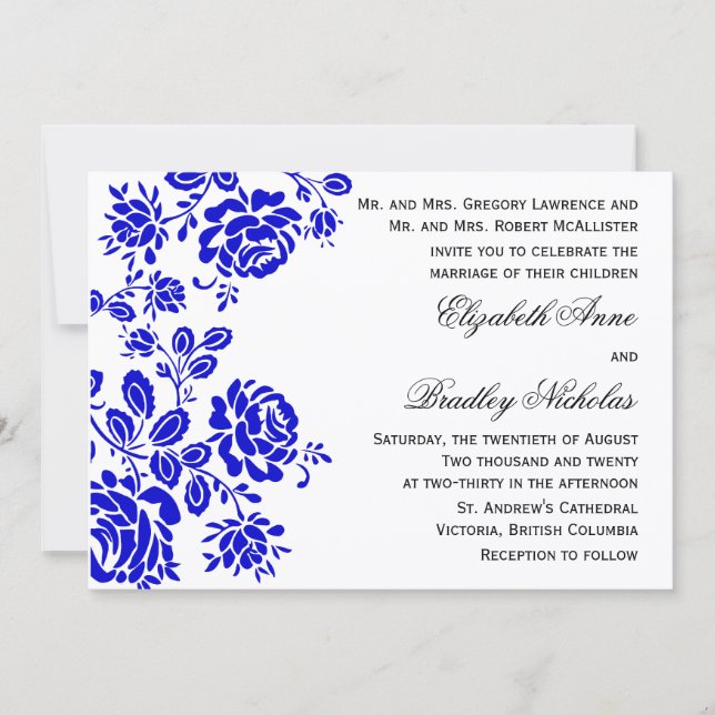 Invitación Hermosa floral en el Boda azul real (Anverso)