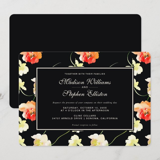 Invitación Hermosa Floral Negra - Boda (Anverso / Reverso)