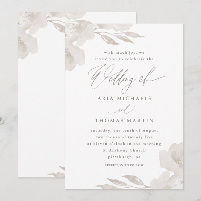 Invitación Hermosa floral neutra con Boda caligráfico (Anverso / Reverso)