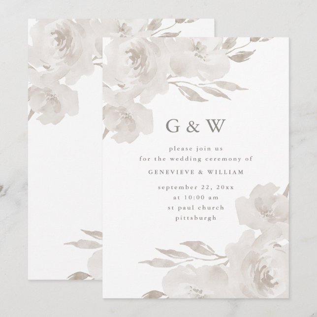 Invitación Hermosa floral neutra con monogramos Boda (Anverso / Reverso)