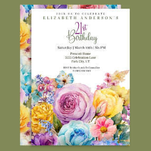 Invitación Hermosa Floral Primaveral en Acuarela Cumpleaños 2