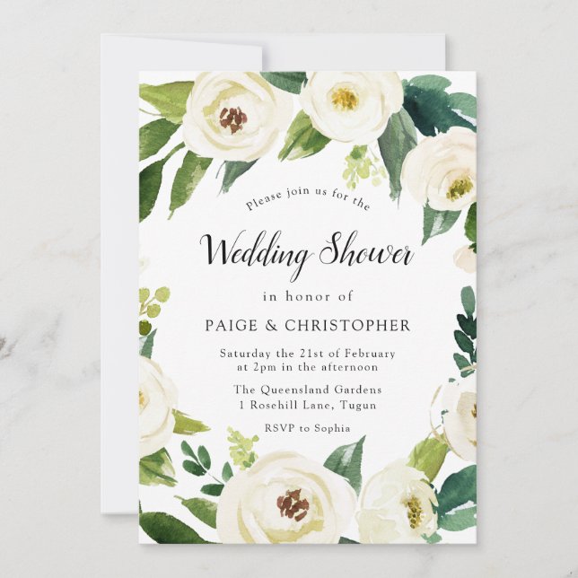 Invitación Hermosa Flores Blancas Parejas Ducha de Boda (Anverso)