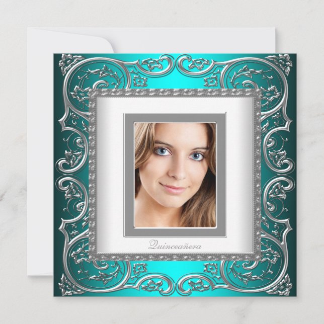 Invitación Hermosa foto azul Verde azulada Quinceanera (Anverso)