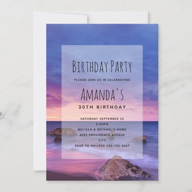 Invitación Hermosa foto de la costa atardecer cumpleaños (Anverso)