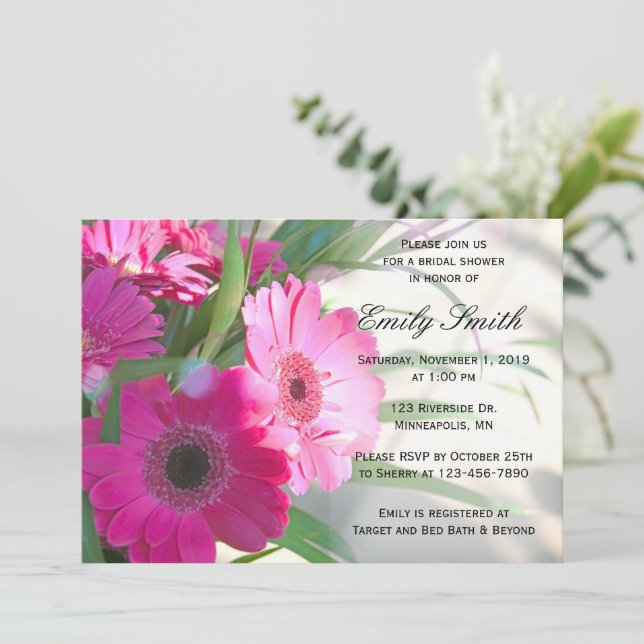 Invitación Hermosa Gerbera Rosa Daisy Floral Bridal Ducha (Anverso de pie)