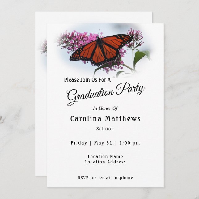 Invitación Hermosa graduación fotográfica de mariposa monarca (Anverso / Reverso)