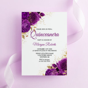 Invitación Hermosa hoja de oro de Rosas morados Quinceanera