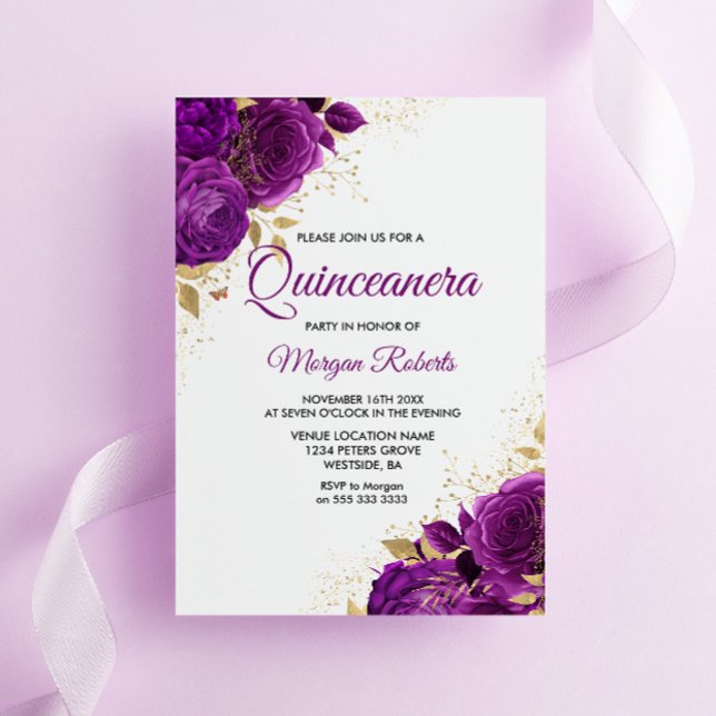 Invitación Hermosa hoja de oro de Rosas morados Quinceanera (Subido por el creador)