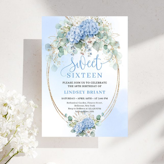 Invitación Hermosa Hydrangea Azul Eucalipto Cumpleaños Diecis (Pretty Blue Hydrangea Eucalyptus Sweet Sixteen Invitation)