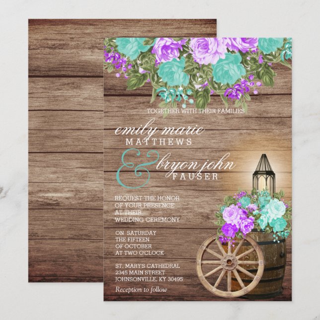 Invitación Hermosa madera templada con floral Verde azulada y (Anverso / Reverso)