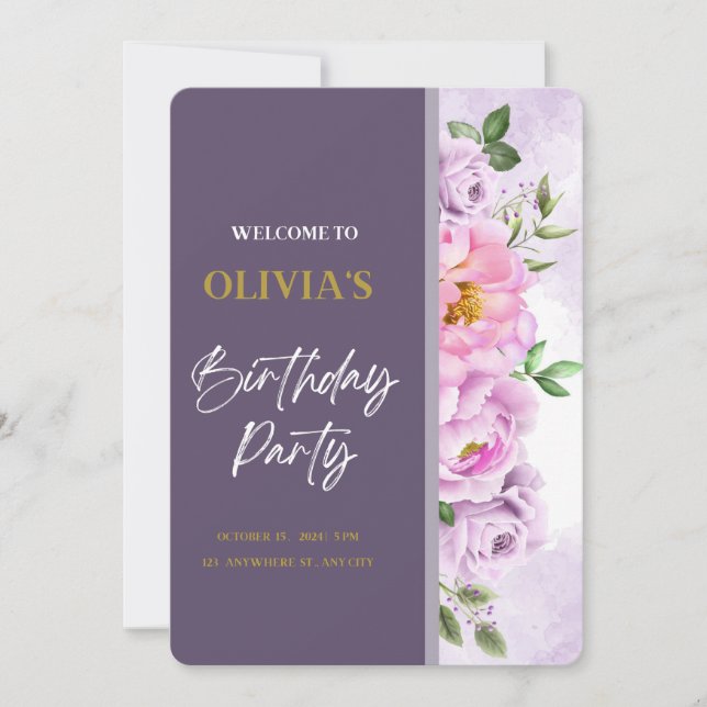 Invitación Hermosa mano ahogó a peonies cumpleaños (Anverso)