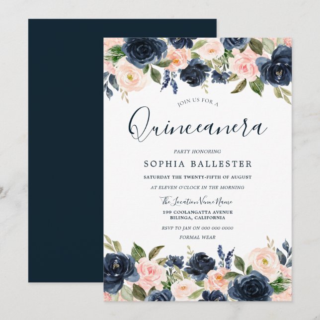 Invitación Hermosa marina y Fiesta floral de Rubor Quinceaner (Anverso / Reverso)