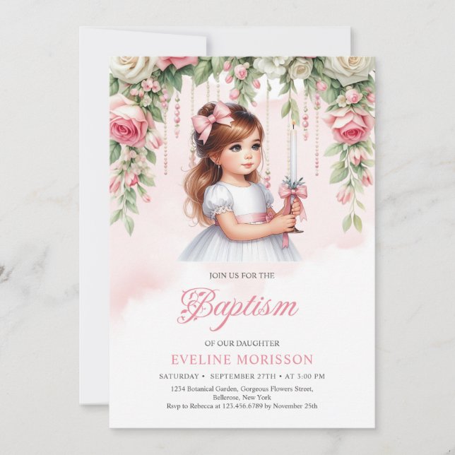Invitación Hermosa niñita con rosas ruidosos con velas (Anverso)