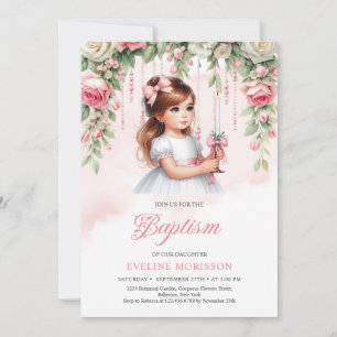Invitación Hermosa niñita con rosas ruidosos con velas
