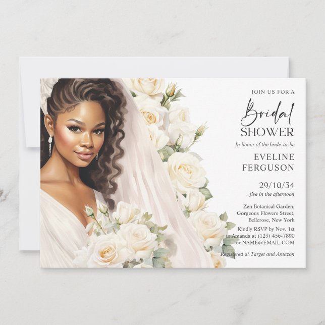 Invitación Hermosa novia afroamericana de rosas blancas boho (Anverso)