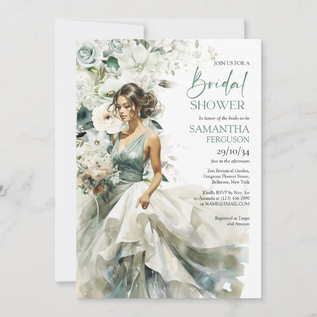 Invitación Hermosa novia con vestido boda y ramo (Anverso)