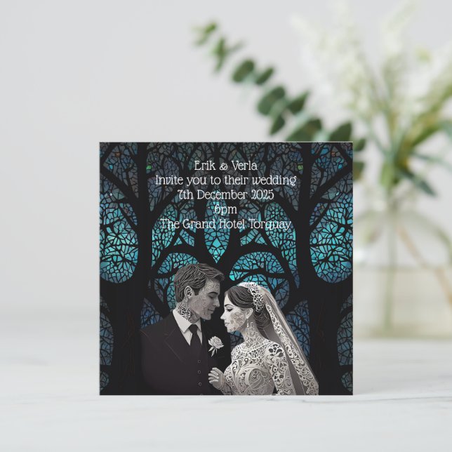 Invitación Hermosa pareja boda en un árbol de la vida azul (Anverso de pie)
