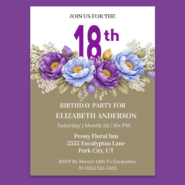 Invitación Hermosa Peonía Azul y Morada Cumpleaños 18 (Elegant purple and blue peony floral 18th birthday invitation)