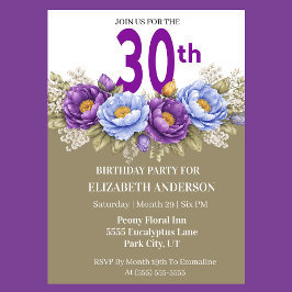 Invitación Hermosa Peonía Azul y Morada Cumpleaños 30