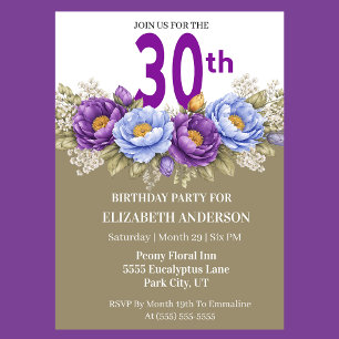 Invitación Hermosa Peonía Azul y Morada Cumpleaños 30