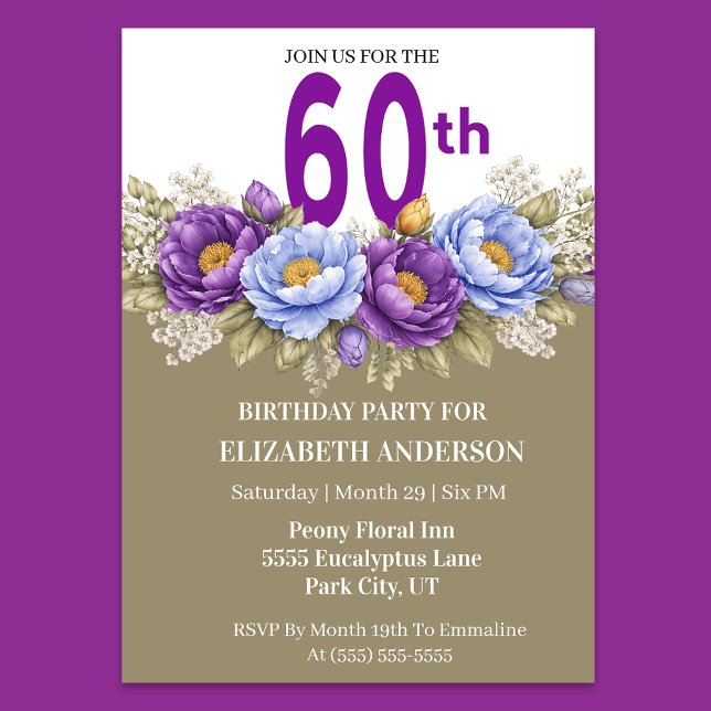 Invitación Hermosa Peonía Azul y Morada Cumpleaños 60 (Elegant 60th birthday invitation with blue and purple peony flowers)