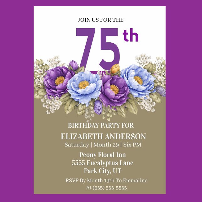 Invitación Hermosa Peonía Azul y Morada Cumpleaños 75 (Elegant 75th birthday invitation with blue and purple peony flowers)