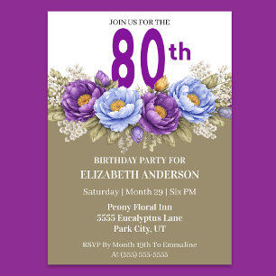 Invitación Hermosa Peonía Azul y Morada Cumpleaños 80