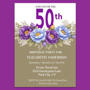 Invitación Hermosa Peonía Azul y Púrpura Cumpleaños 50