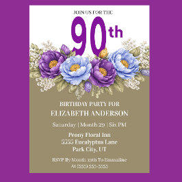Invitación Hermosa Peonía Azul y Púrpura de 90 Cumpleaños