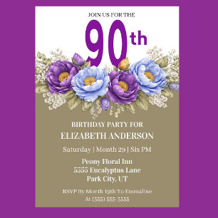 Invitación Hermosa Peonía Azul y Púrpura de 90 Cumpleaños