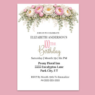 Invitación Hermosa Peonía Rosa y Blanca Cumple 100 Años