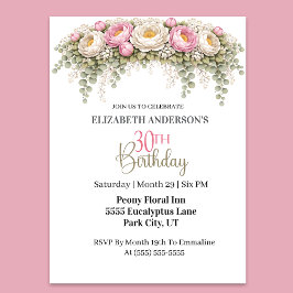 Invitación Hermosa Peonía Rosa y Blanca Cumpleaños 30