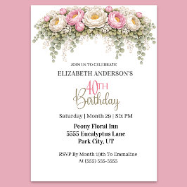 Invitación Hermosa Peonía Rosa y Blanca Cumpleaños 40