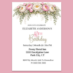 Invitación Hermosa Peonía Rosa y Blanca Cumpleaños 40