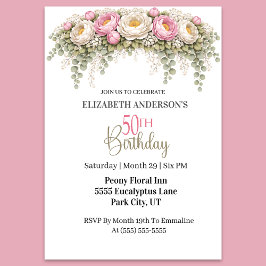 Invitación Hermosa Peonía Rosa y Blanca Cumpleaños 50