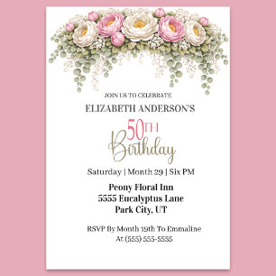 Invitación Hermosa Peonía Rosa y Blanca Cumpleaños 50