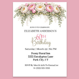 Invitación Hermosa Peonía Rosa y Blanca Cumpleaños 60