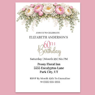 Invitación Hermosa Peonía Rosa y Blanca Cumpleaños 60