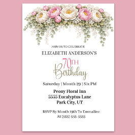 Invitación Hermosa Peonía Rosa y Blanca Cumpleaños 70