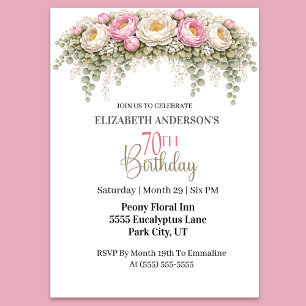 Invitación Hermosa Peonía Rosa y Blanca Cumpleaños 70