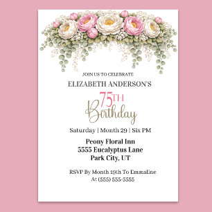 Invitación Hermosa Peonía Rosa y Blanca Cumpleaños 75