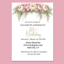 Invitación Hermosa Peonía Rosa y Blanca Cumpleaños 98