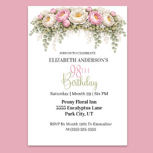 Invitación Hermosa Peonía Rosa y Blanca Cumpleaños 98