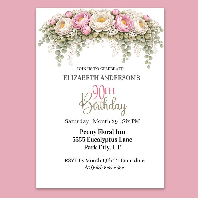 Invitación Hermosa Peonía Rosa y Blanca de 90 Cumpleaños (Elegant pink and ivory peony floral 90th birthday invitation)