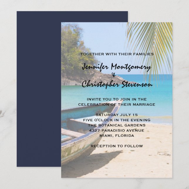 Invitación Hermosa playa tropical con un Boda en bote de remo (Anverso / Reverso)