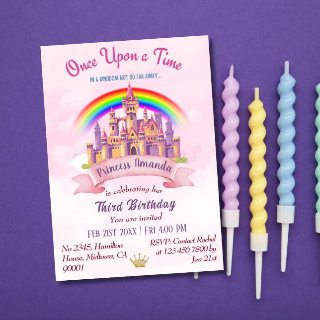 Invitación Hermosa princesa arcoiris de castillo mágico de 3  (Subido por el creador)