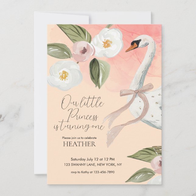 Invitación Hermosa Princesa Cisne Encantada Primer Cumpleaños (Anverso)
