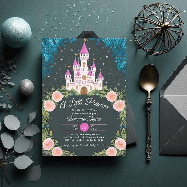 Invitación Hermosa princesa del bosque Castillo Niña Ducha (princess girl baby shower invitation enchanted forest magical castle roses frame greenery)